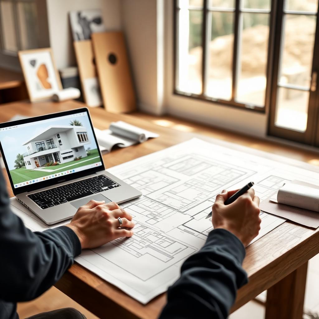 Architect reviewing a SketchUp 3D model of a modern California home alongside CAD floor plans