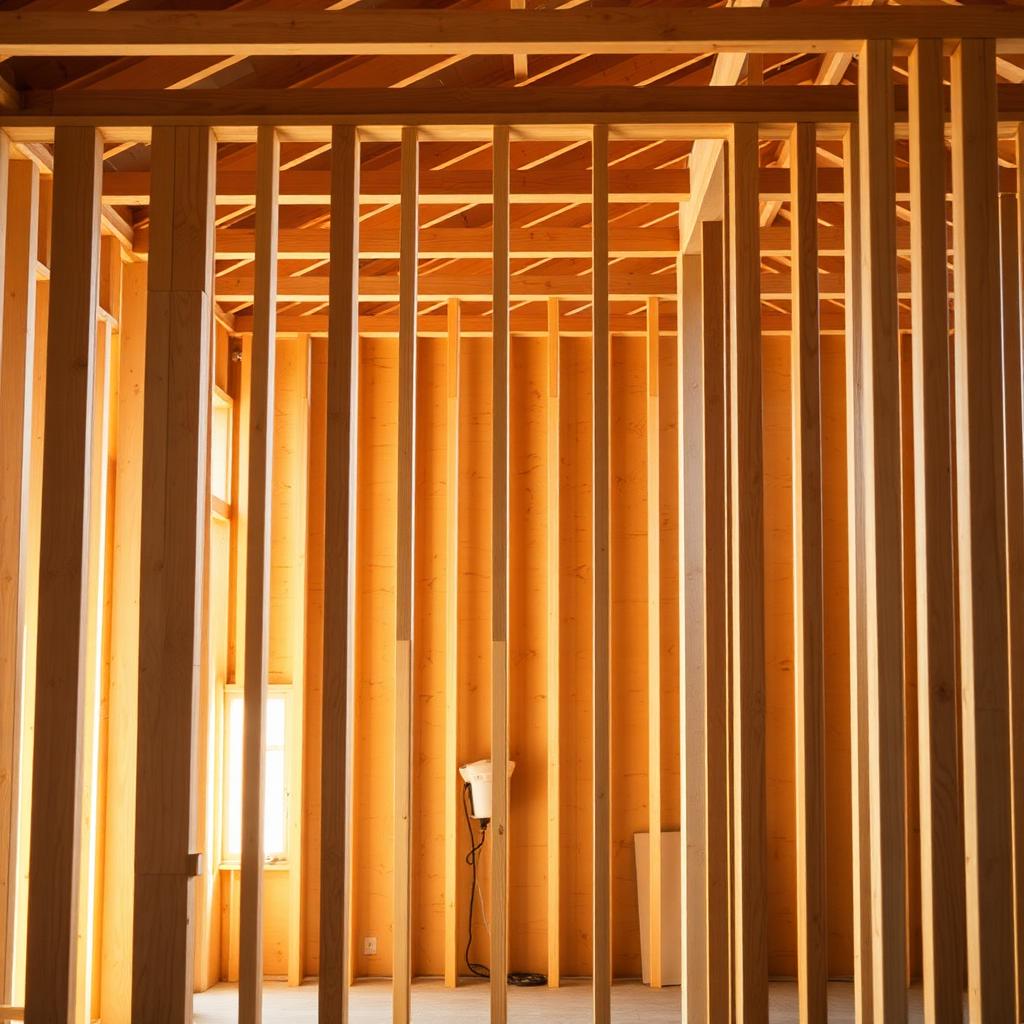 Interior wood framing of a residential home under construction in Los Angeles