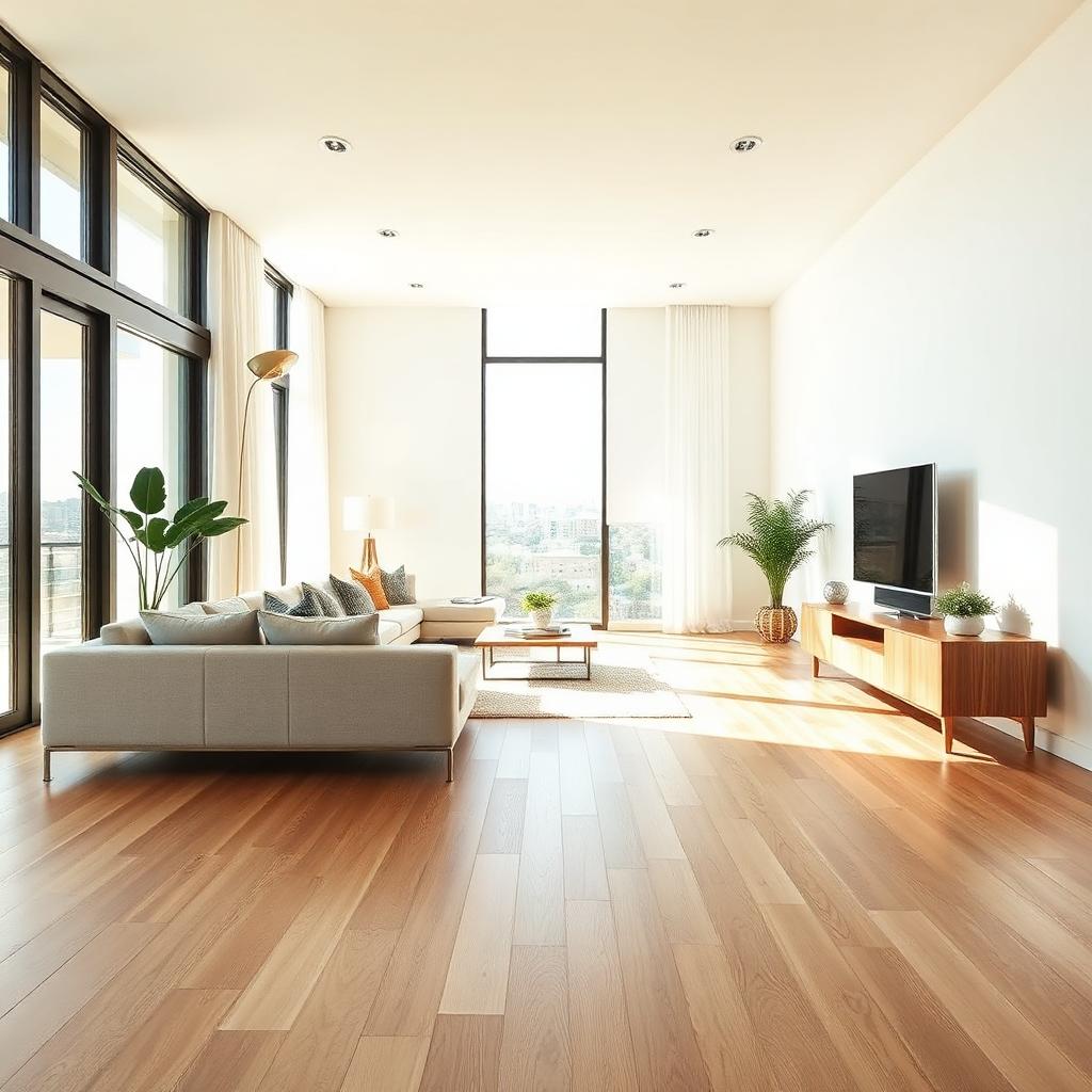 Wide-plank white oak hardwood floor in a modern living room