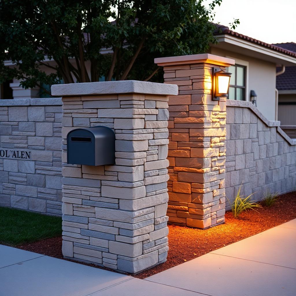 Custom stone masonry pillar with mailbox and accent lighting
